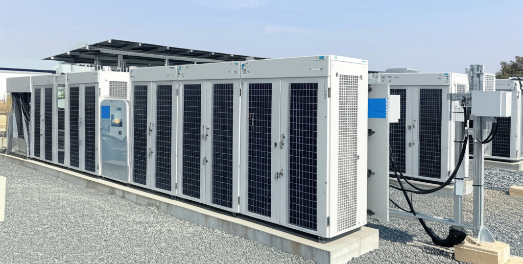 Planta industrial com painéis solares instalados no telhado