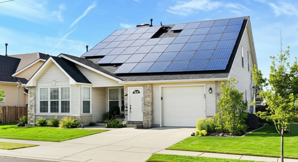 Residência com painéis solares no telhado ao pôr do sol